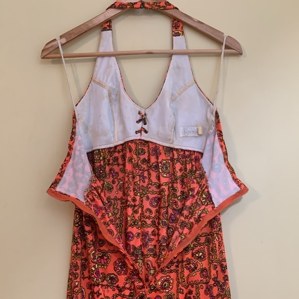 Sirena California 70's Neon Orange Floral Halter 2 Side Slits Maxi Dress S/M - Picture 15 of 17